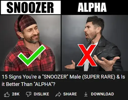 YouTube video titled, “15 Signs You’re a SNOOZER male (SUPER RARE) & Is it Better Than ALPHA?”