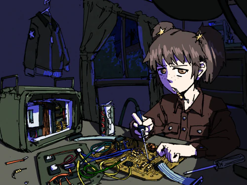 Asuka Langley from Neon Genesis Evangelion in the middle of the night illuminated by a desk lamp dressed in a military uniform repairing a 40&rsquo;s radio