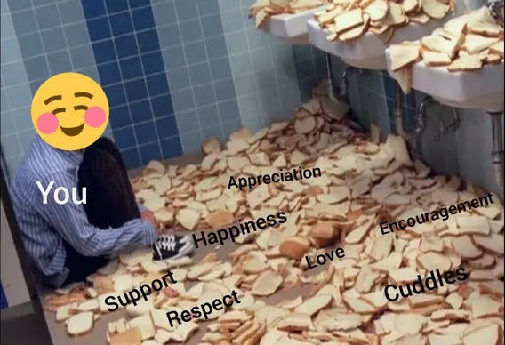 insane man surrounded by bread with positive vibes superimposed