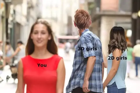 subversion of distracted boyfriend meme. Red dress girl is labelled “you” and Mario and Laura (the couple) are labelled “3D girls” and “2D girls”