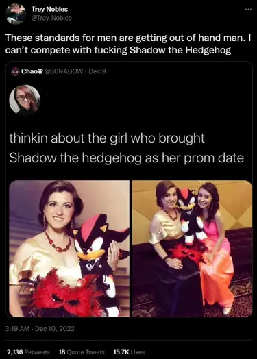 Thinking about the girl who brought Shadow the Hedgehog as her prom date. Retweet says: These standards for men are getting out of hand, man. I can’t compete with fucking Shadow the Hedgehog.