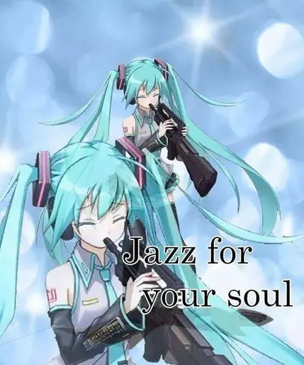 hatsune miku holding a gun to her mouth like a saxophone