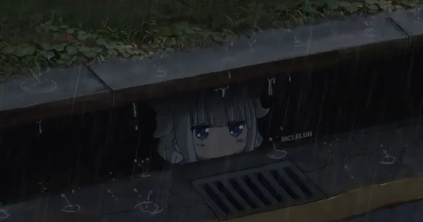 kanna kamui (loli dragon) from kobayashi’s dragon maid staring ominously from a sewer gutter