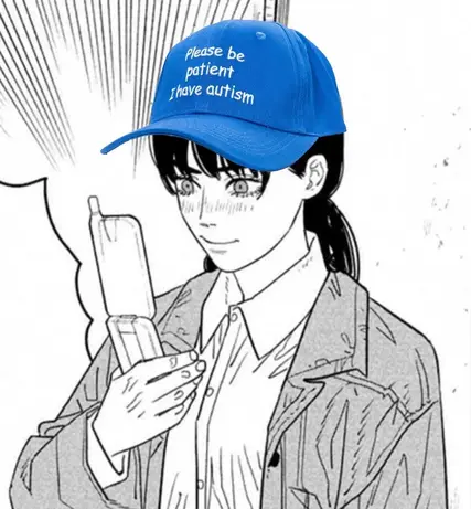 manga panel of girl using flip phone and wearing a solid blue hat that says, “please be patient i have autism”