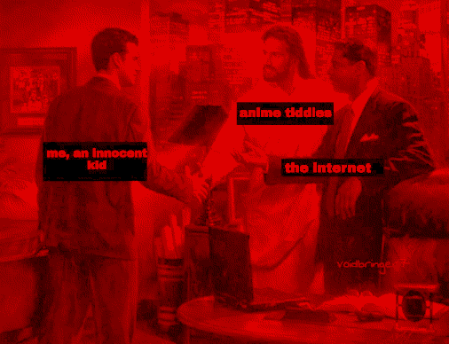 Jesus, who is labelled &ldquo;anime titties&rdquo; is intervening between two business men in suits and acting as their liaison, who are in turn labelled &ldquo;me, an innocent kid&rdquo; and &ldquo;the internet&rdquo;