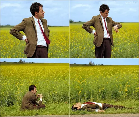 4 panel of Mr. Bean waiting in front of wheat field, checking watch, and getting bored