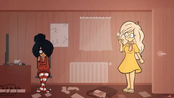 screenshot from danish webtoon ongezellig. shy introverted girl wearing hoodie (Maya) is being asked by extroverted girl wearing bright orange dress (Coco) for a favor. scene is composed shade to light matching their personalities.