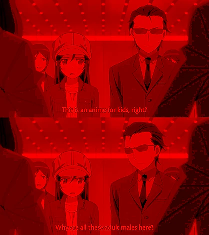 Scene from the anime OreImo. “This is an anime for kids, right? Why are all these adult males here?”