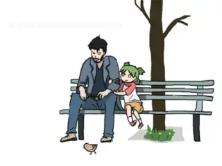 Sad Keanu Reeves sitting on a bench being consoled by Yotsuba, a 5 year old girl with green hair