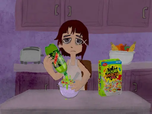 Lain from Serial Expermients Lain looking depressed and serving herself a bowl of Sour Patch Kids cereal with Mountain Dew for milk