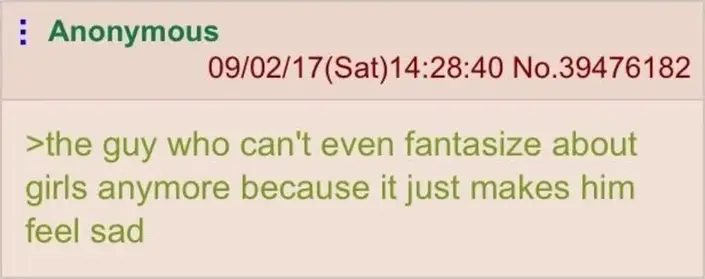 4chan green text. the guy who can’t even fantasize about girls anymore because it just makes him feel sad