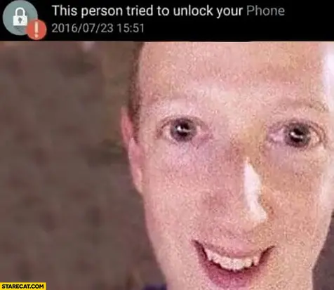 This person tried to unlock your phone. Picture of cursed creepy Mark Zuckerberg smiling with bug eyes