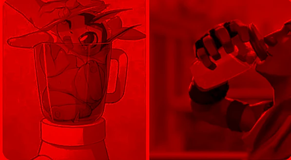 two panel comic. first panel is Vaporeon trapped in a blender with a sad face. second panel is a Team Fortress 2 character drinking a blue chug jug