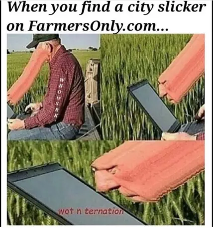 old white male farmer looking at his computer screen confused at finding a city slicker on farmersonly.com