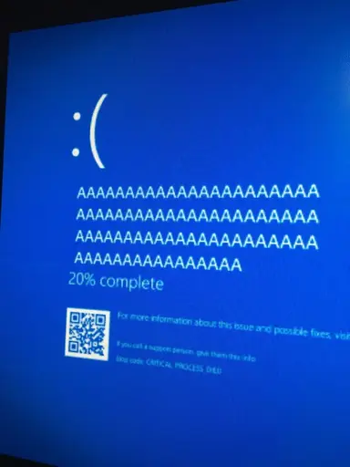 Windows blue screen of death sad emoji. AAAAAAAAAA is 20% complete