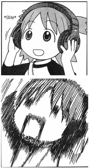 little manga girl (Yotsuba) putting on headphones and screeching in horror